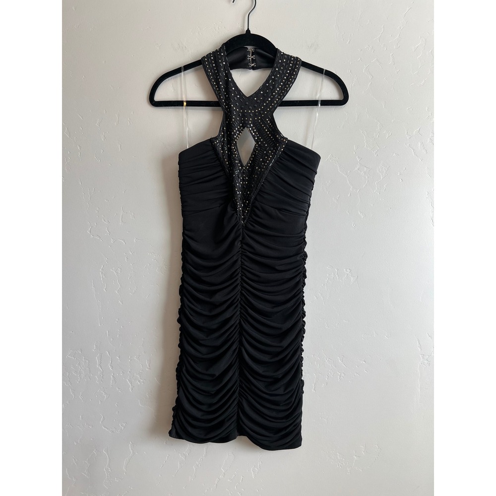 Crystal Doll Y2K Black Ruched Mini Dress with Rhinestone Halter Neckline Size S - Picture 7 of 8